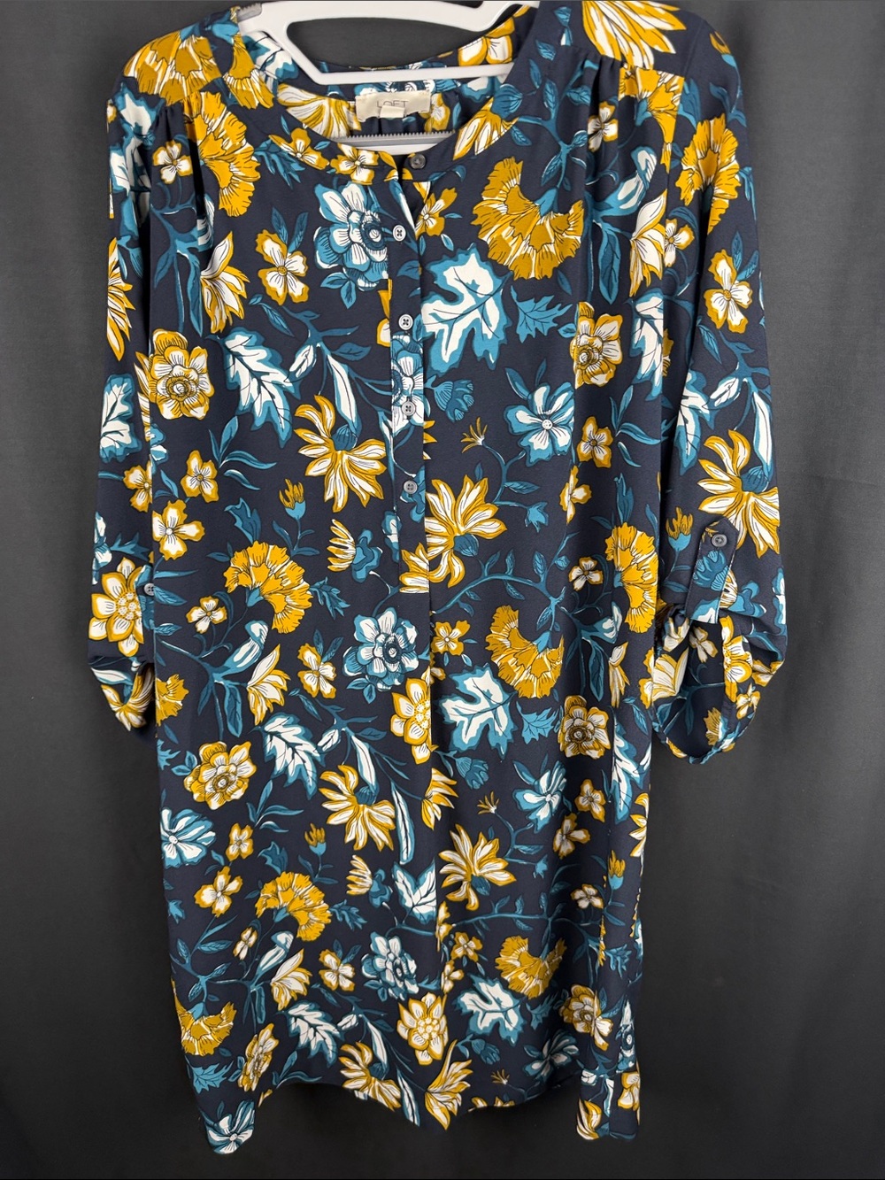LOFT Navy Floral Button-Front Dress with Yellow & Teal Blooms